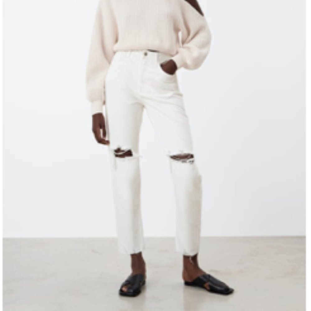 zara white ripped mom jeans size 4